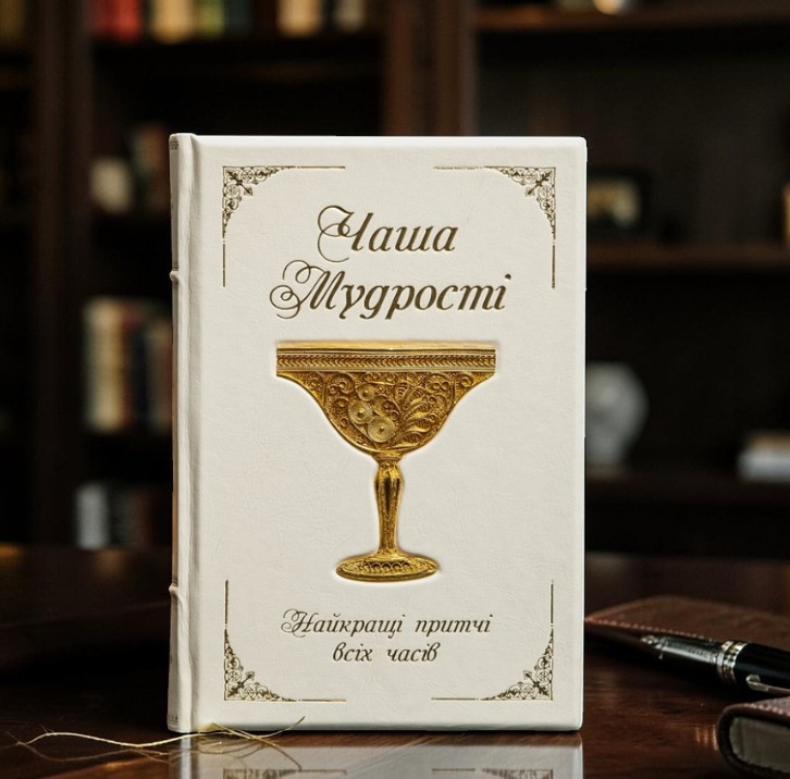Подарункова книга притч "Чаша мудрості" у білій шкірі з позолоченою сканою чашею