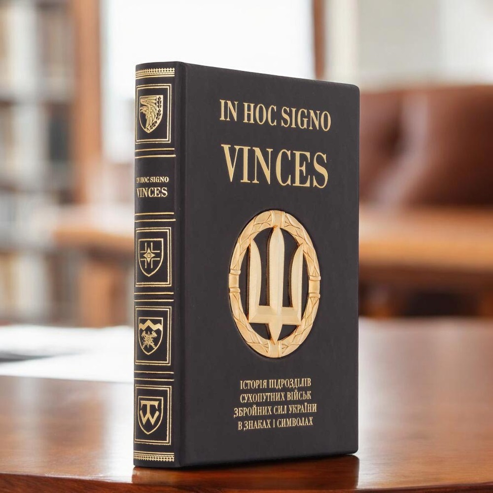 Подарункова книга "IN HOC SIGNO VINCES. Історія підрозділів Сухопутних військ ЗСУ в знаках і символах" з оздобленням позолоченим Тризубом