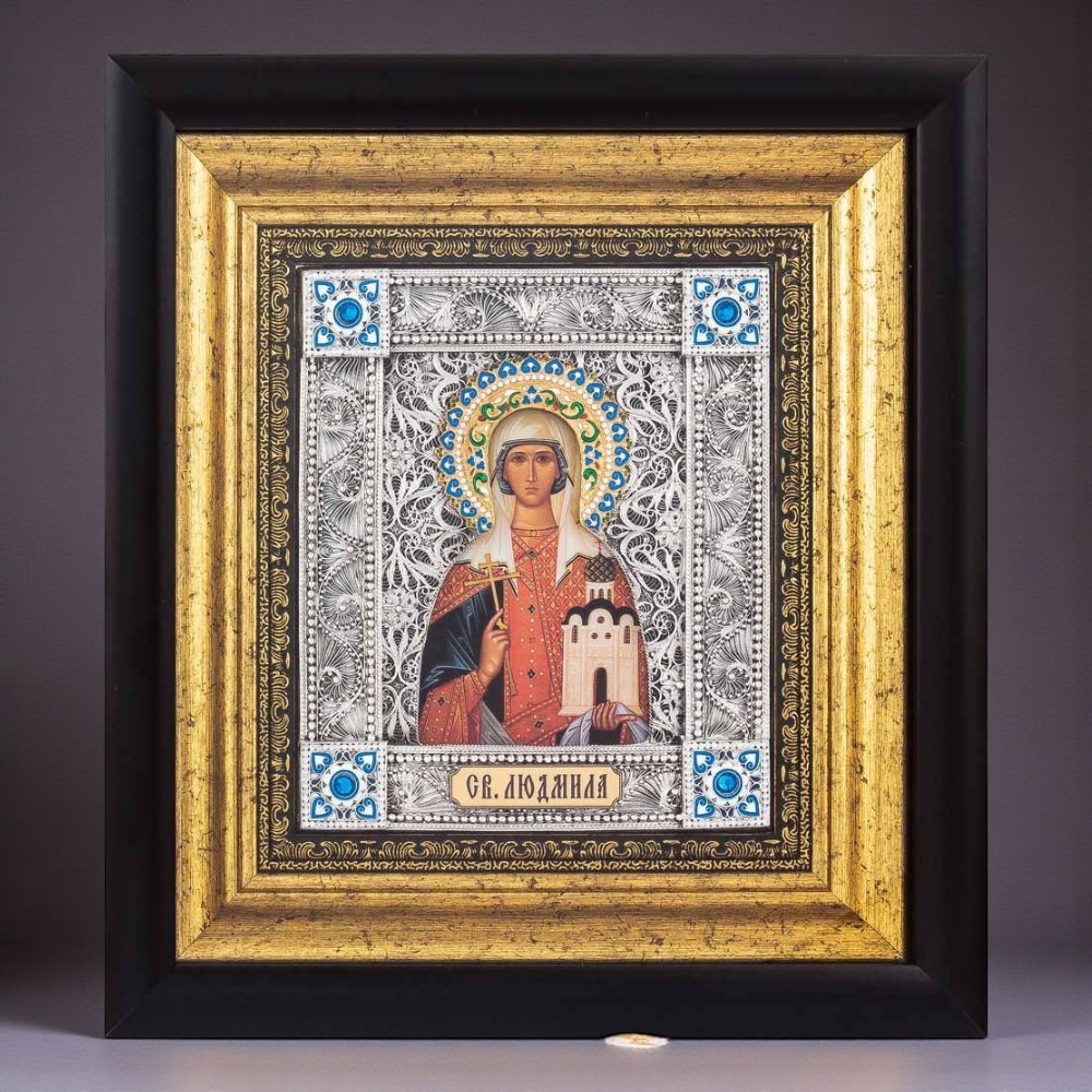 Ікона "Свята мучениця Людмила" 305x335x40 мм мідь, посріблення, позолота, емалі, каміння