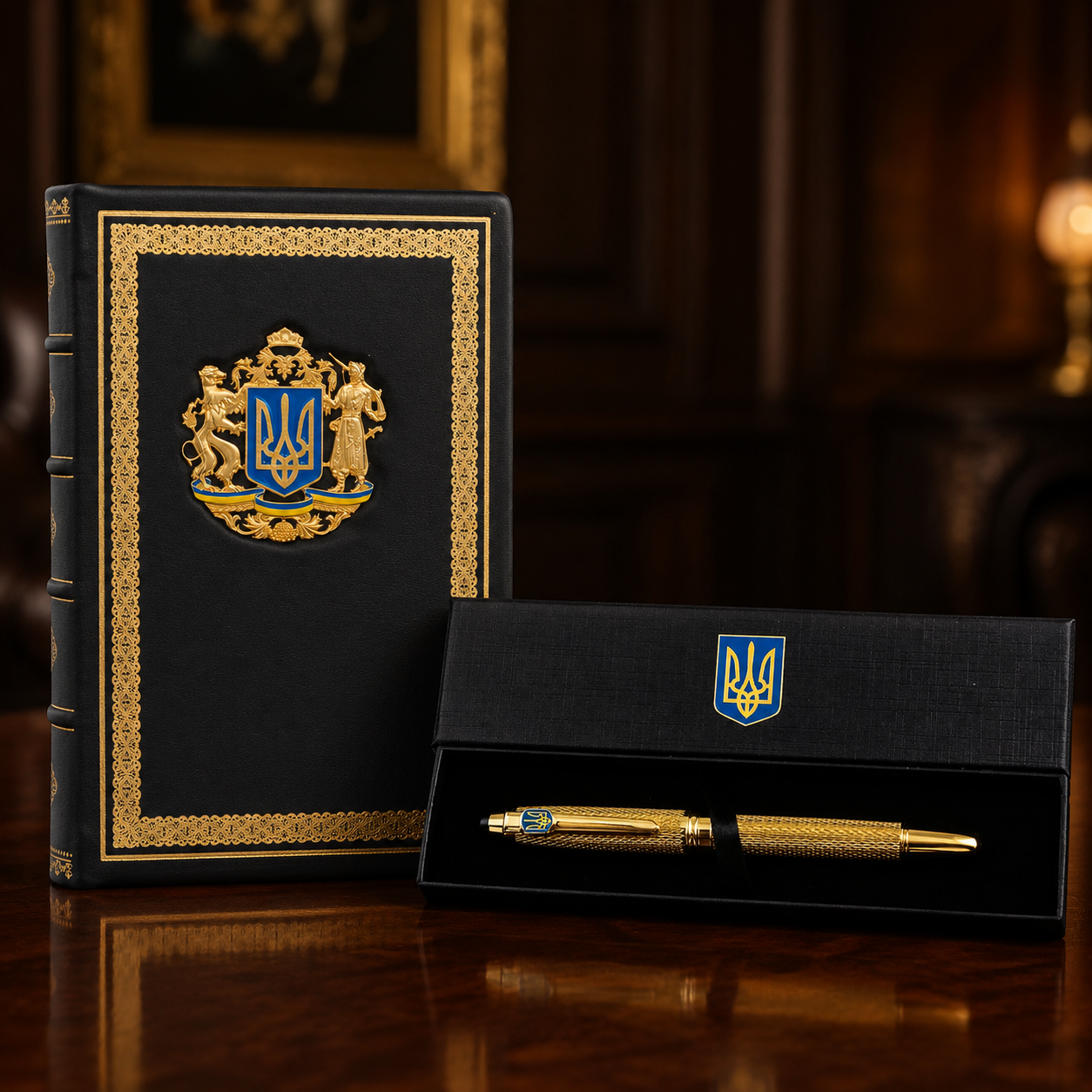 Подарунковий набір «Герб України» — шкіряний щоденник А5 та ручка TENSO з українським Тризубом