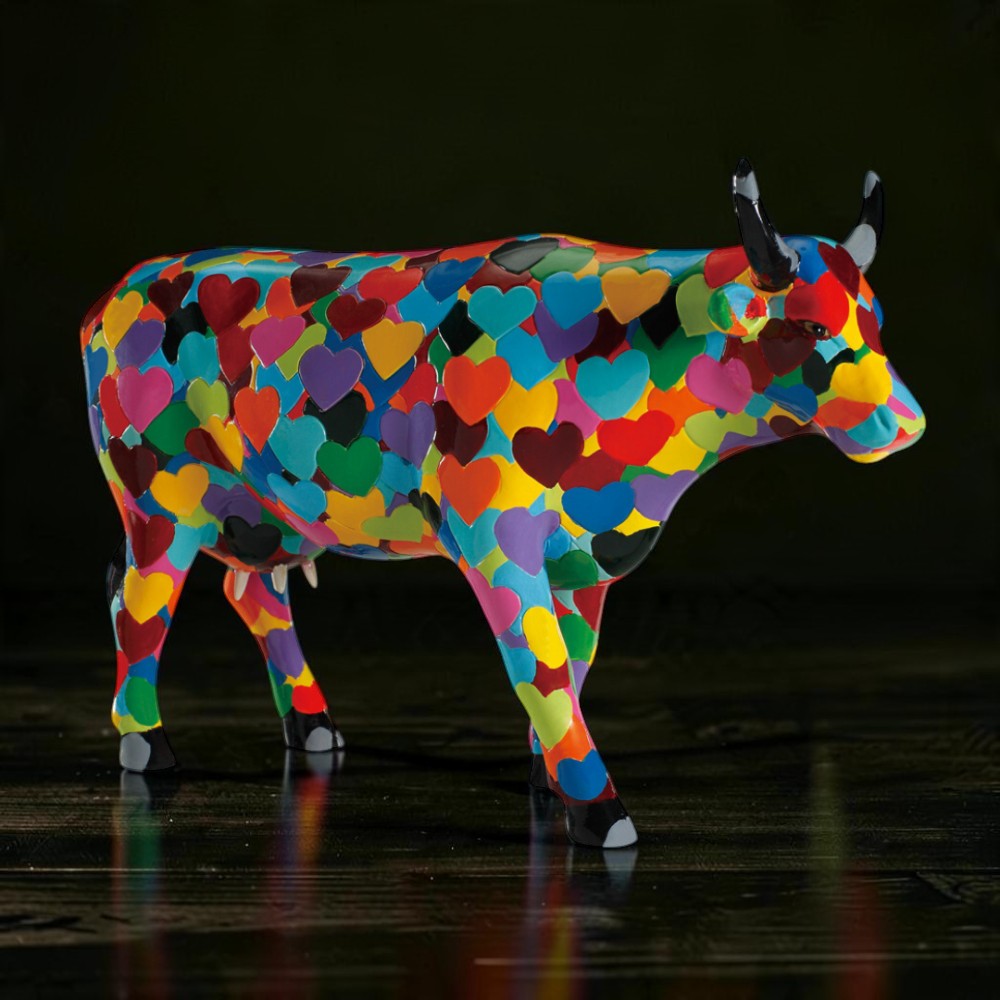 Колекційна статуетка CowParade «Heartstanding Cow» корова з різнокольоровими серцями, Size L, 30×9×20 см