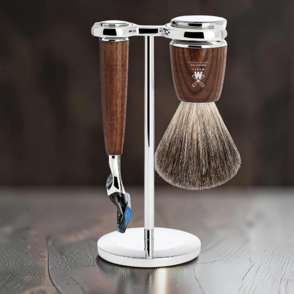 Елітний набір для гоління MÜHLE RYTMO Brown з бритвою Gillette Fusion, помазком із борсукового ворсу та металевою підставкою, brown